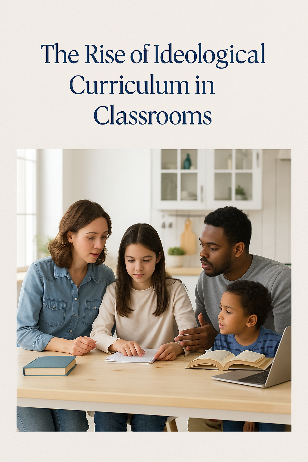 A diverse family of four sits at a table reading books together in a bright kitchen, illustrating engaged homeschool learning.