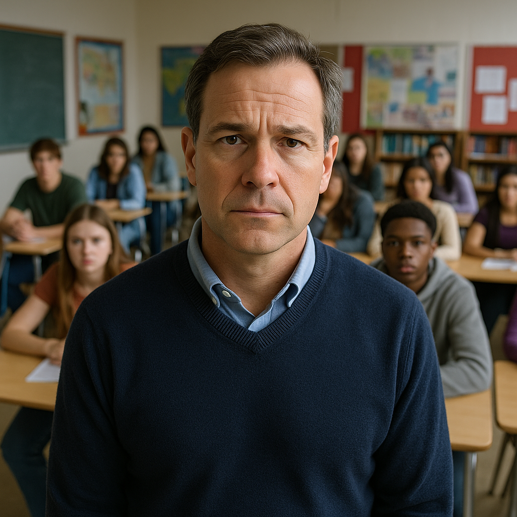 A realistic photo of a middle-aged teacher standing at the front of a classroom, looking concerned, while students appear disengaged and uncertain.