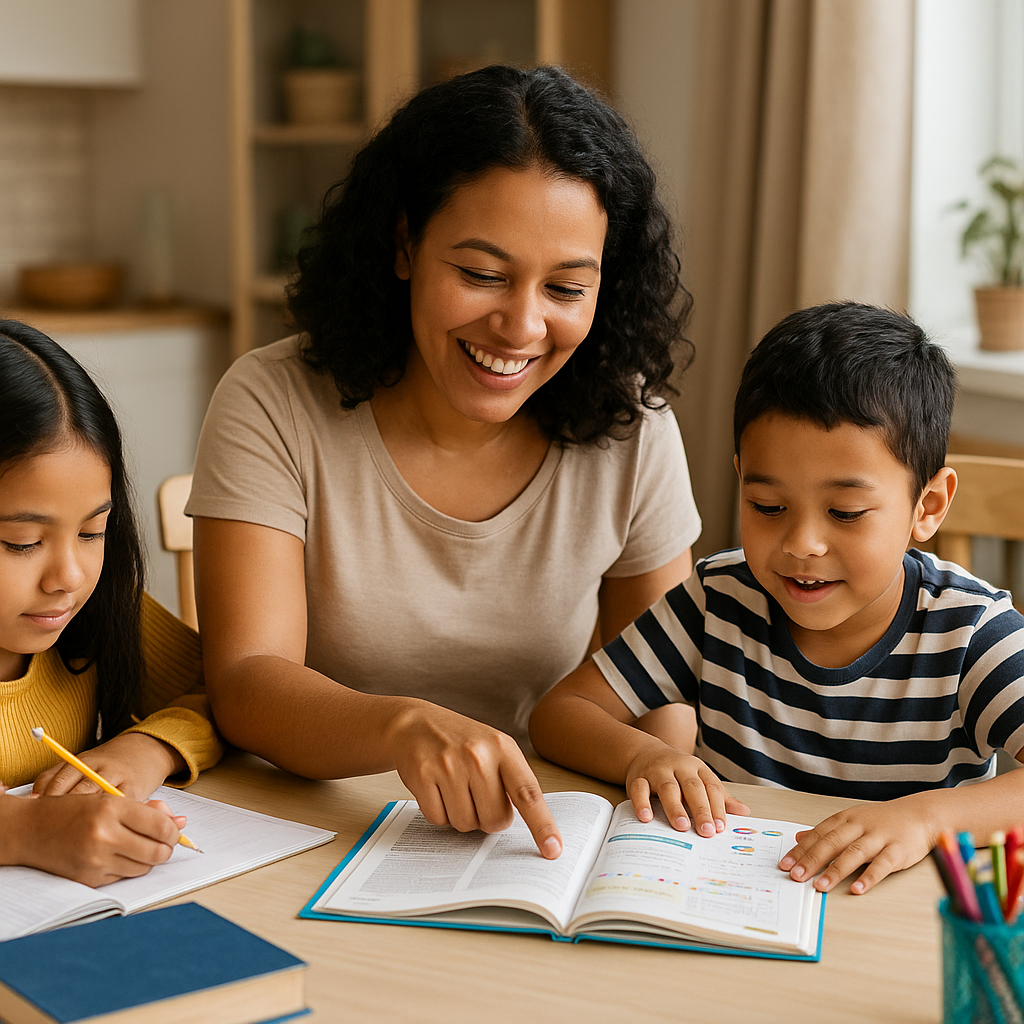 A smiling homeschool mom using free curriculum materials at a kitchen table with her two children