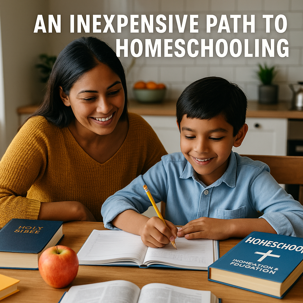 A smiling mother helping her son with schoolwork at a sunlit kitchen table, surrounded by books and Christian homeschool materials