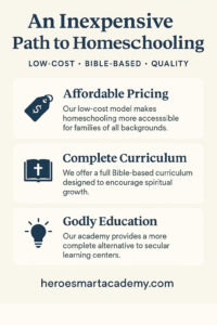 Infographic listing ways to homeschool inexpensively, featuring HeroesMart Academy and biblical education strategies