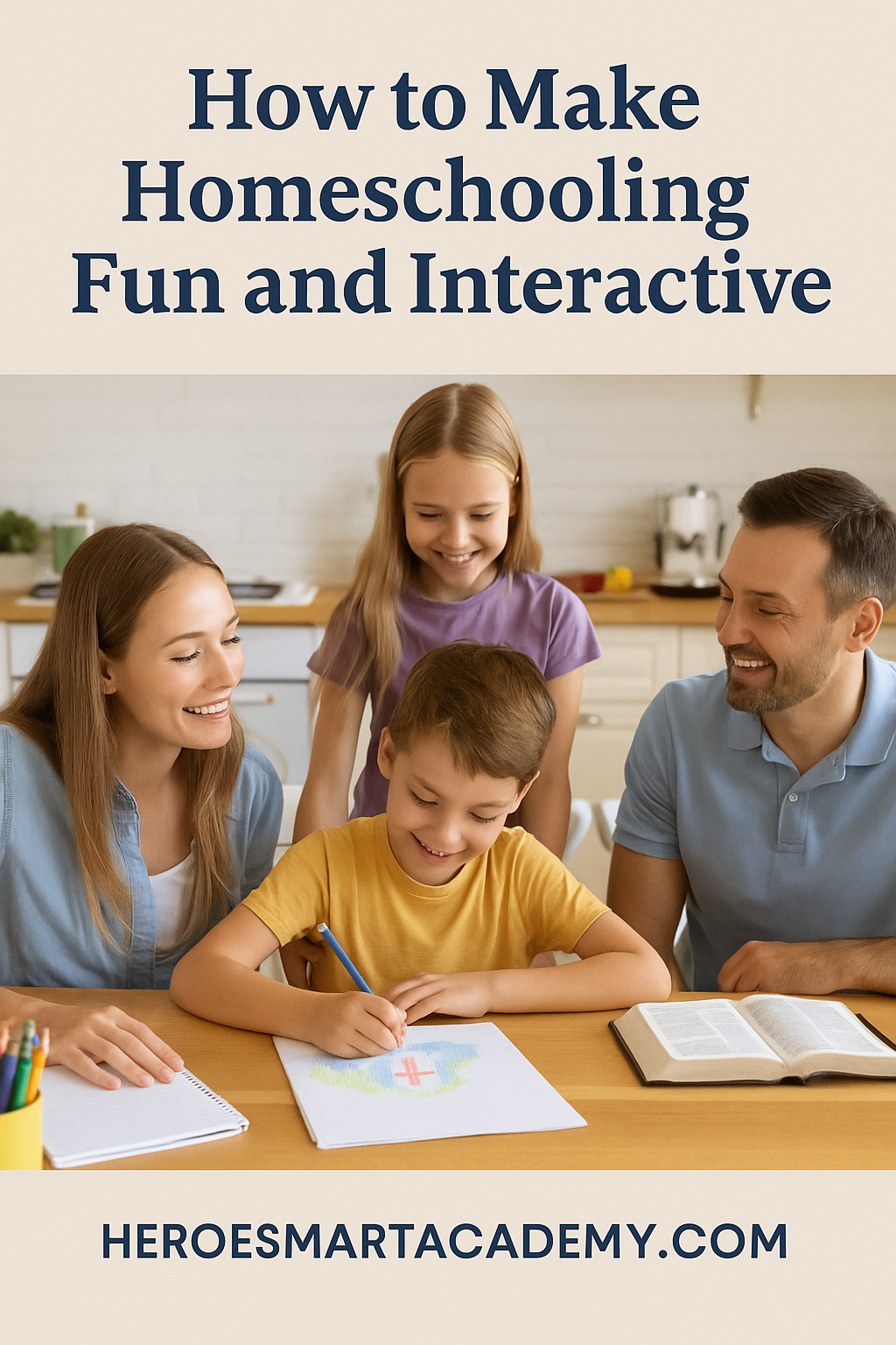 Smiling family gathered around a kitchen table doing a hands-on Bible-based homeschool project