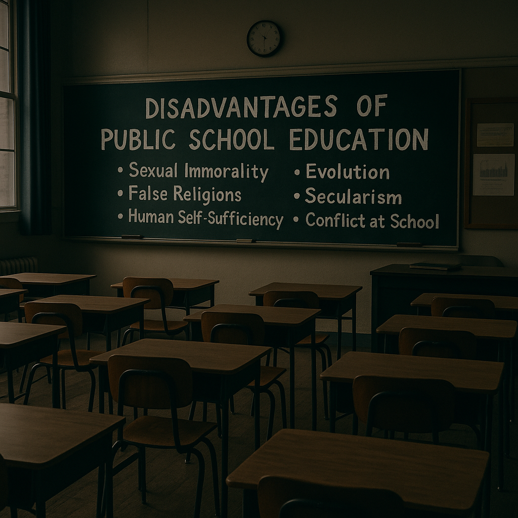 An empty public school classroom with dim lighting and a chalkboard featuring secular messages