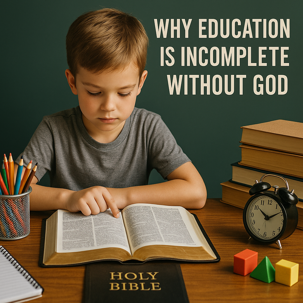 A peaceful image of a child reading the Bible at a desk filled with books and learning tools