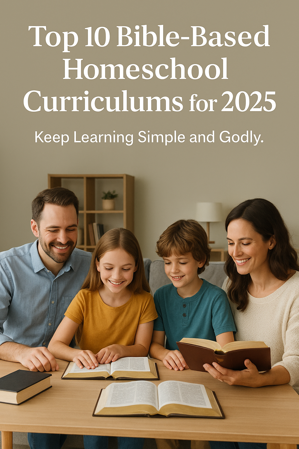 A smiling Christian family gathered around a table doing Bible-based homeschool curriculum activities together in a bright living room