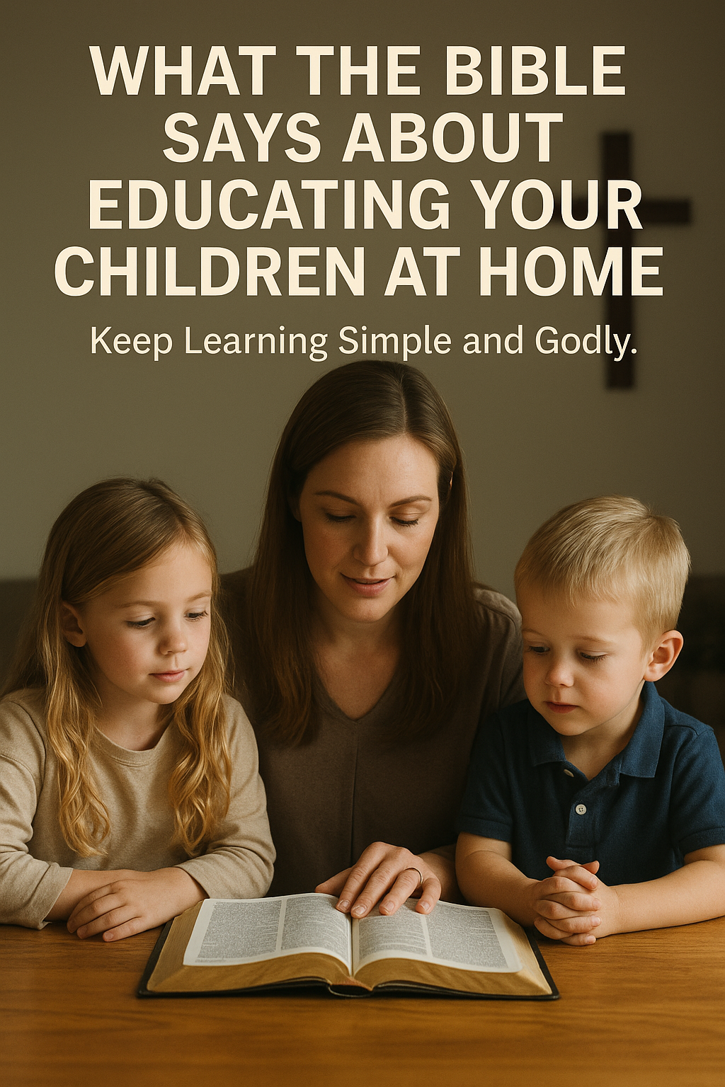 A Christian mother reads the Bible to her children while homeschooling at home, with a cross in the background