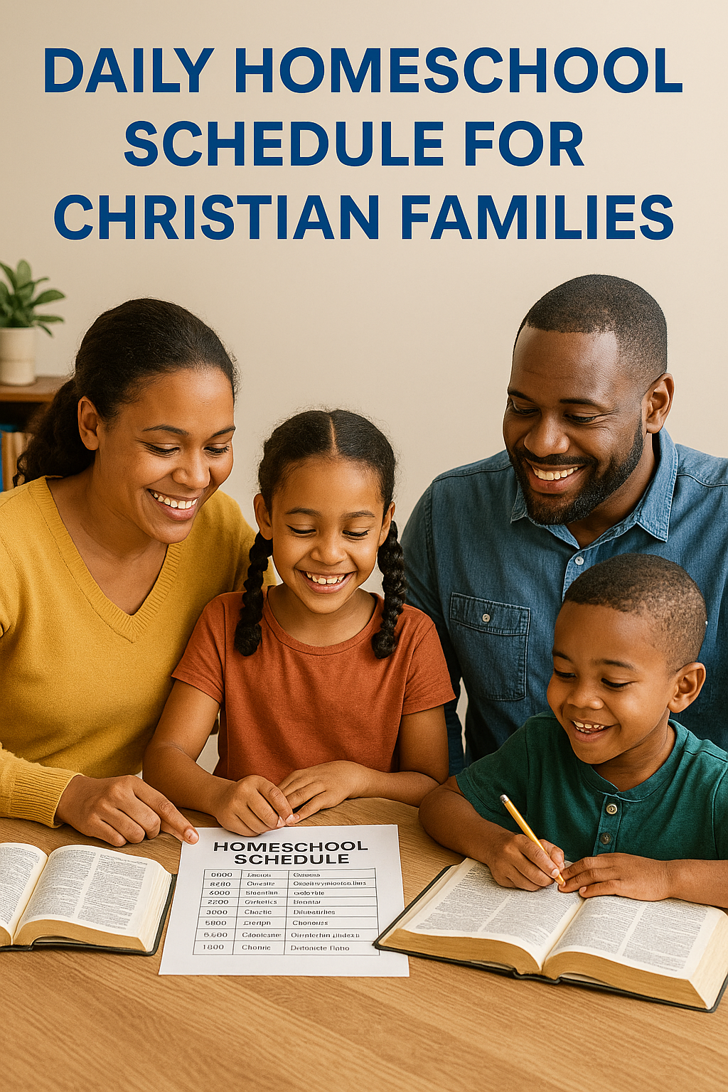 Smiling Christian family gathered around a table following a printed homeschool schedule and open Bibles