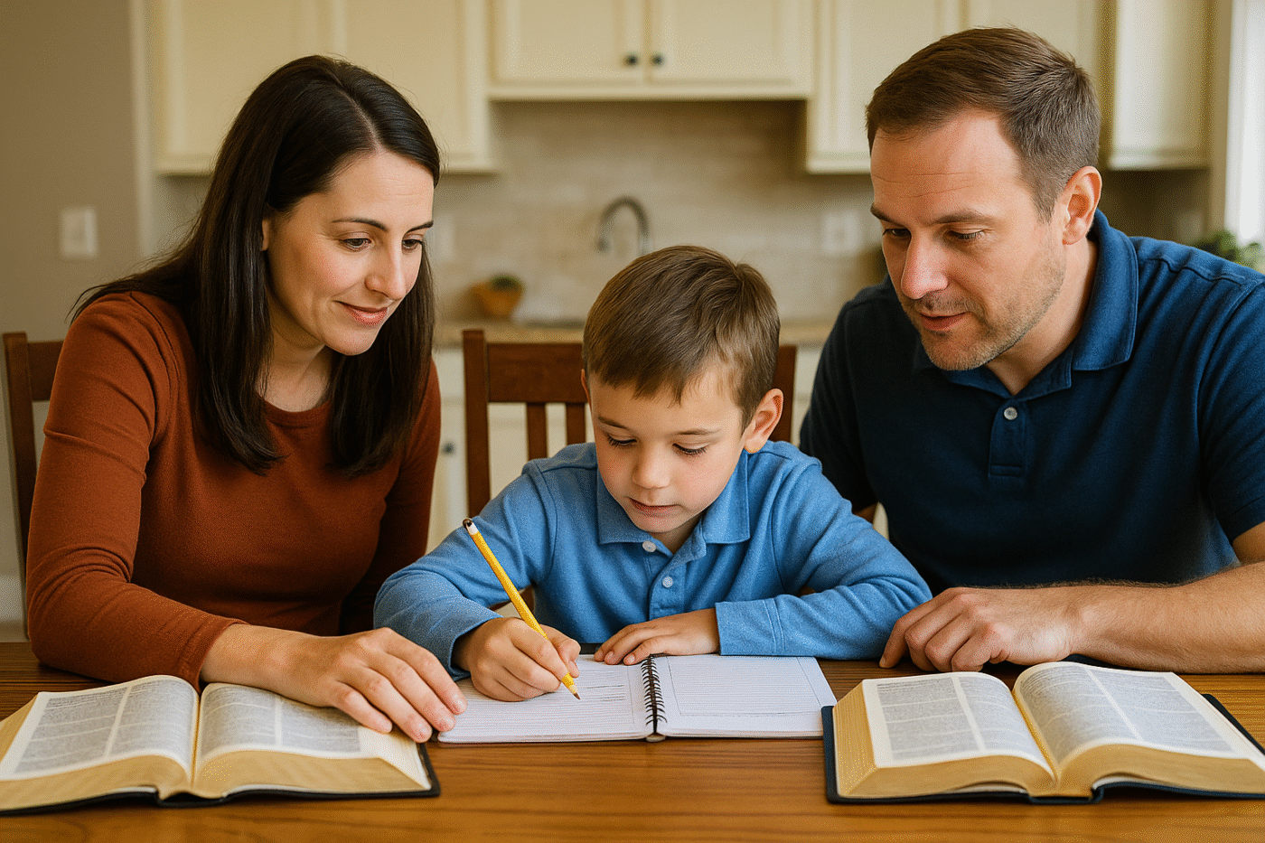 A Christian mother and father help their child begin homeschooling at the kitchen table with open Bibles and lesson materials