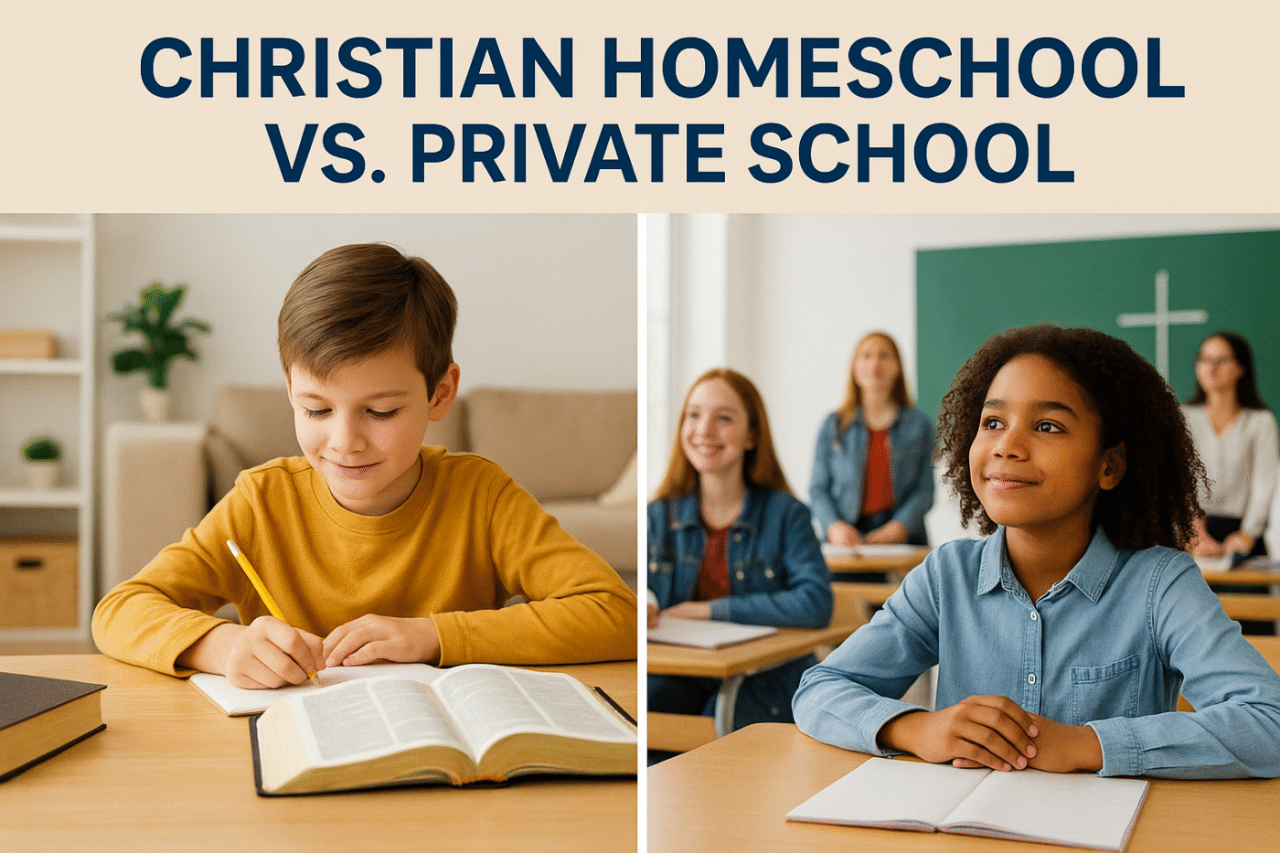 Split-screen photo comparing a child learning at home during Christian homeschooling vs students in a Christian private school classroom