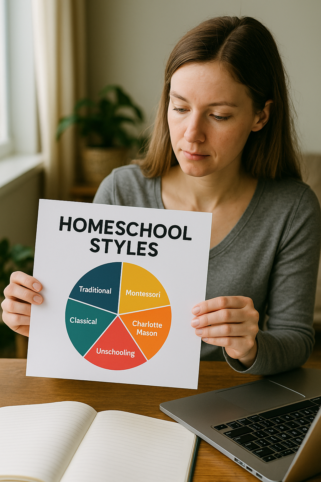 A visual chart showing traditional, Montessori, classical, Charlotte Mason, and unschooling homeschool methods