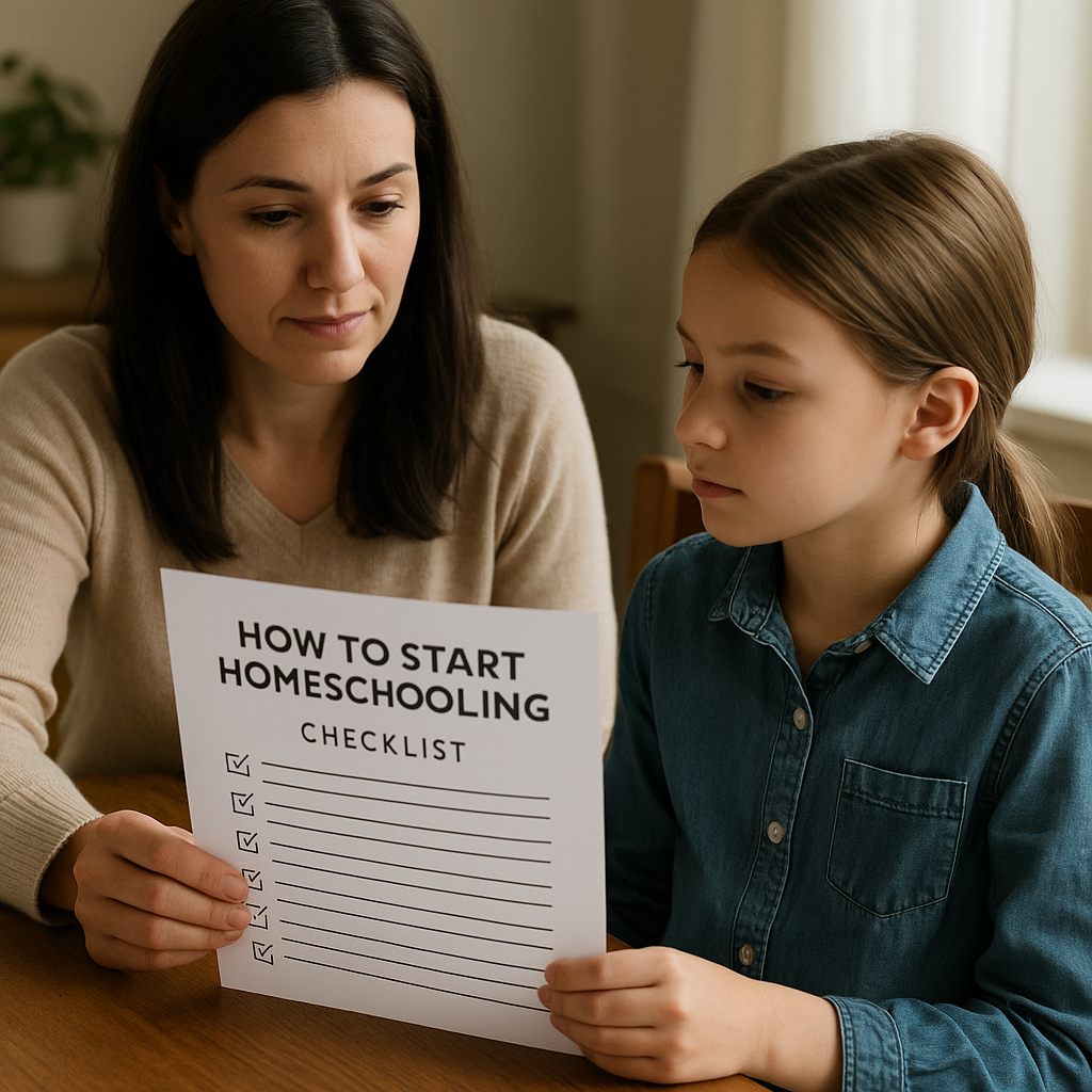 A mother and child reviewing a homeschool checklist in a cozy, sunlit room