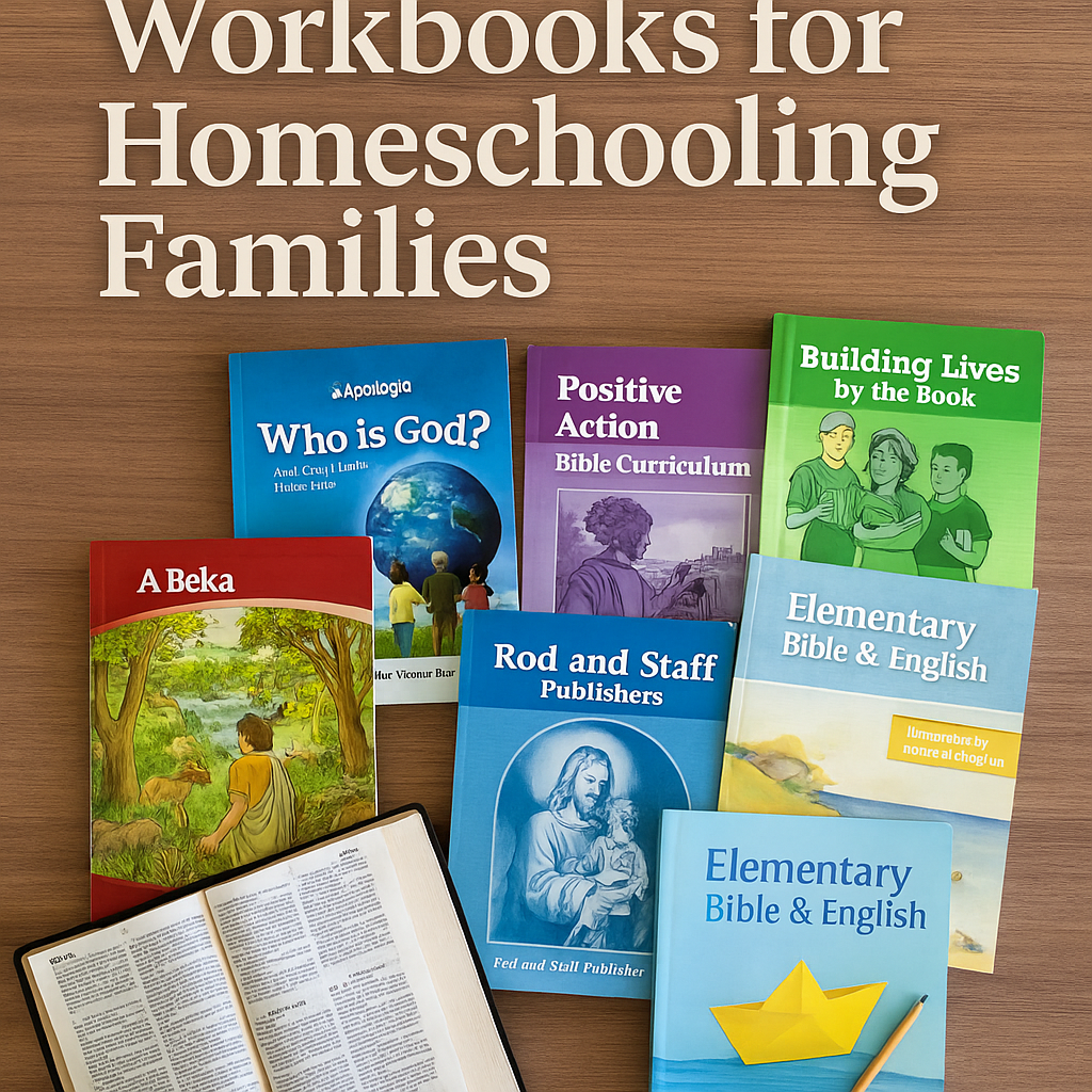 Bible-based homeschool workbook with Christian study tools on a wooden table