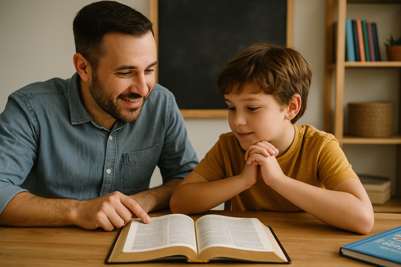 Parent and child studying the Bible as part of their homeschool day
