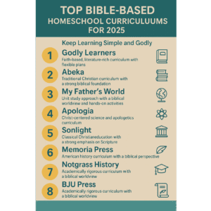 List of top 8 Bible-based homeschool curriculums for 2025 with icons representing books, Bible, globe, and family learning